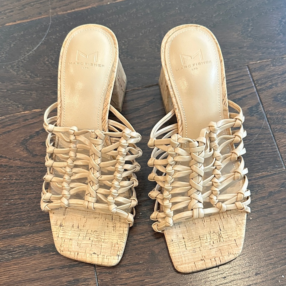 Marc Fisher Tan Woven Knot Cork Block Heel Mules